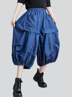 Irregular Pleated Casual Cropped Lantern Jeans for Women