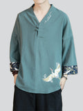 Male Chinese Style Lifelike Crane Embroidery V-neck Shirts