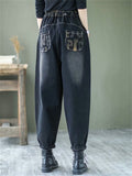 Women's Trendy Letter Print Patch Pocket Loose Harem Pants