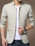 Plain Stand Collar Slim Fit Zipper Jacket for Men