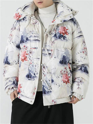 Vogue Detachable Hooded Floral Down Coat for Men