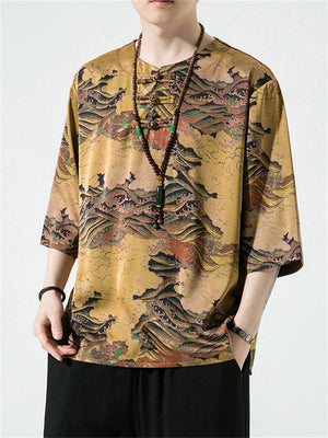 Retro Printed Ice Silk Round Collar Vacation Shirts for Men