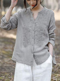 V-Neck Button Up Long Sleeve Embroidery Linen Shirt for Women