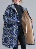 Women's Blue Hooded Zipper Keep Warm Cotton-Padded Overcoat