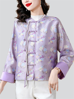 Female Elegant Tassel Button Chrysanthemum Print Jacket