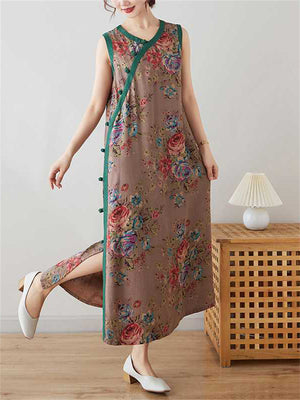 Chinese Style V-Neck Floral Print Sleeveless Cheongsam Dress