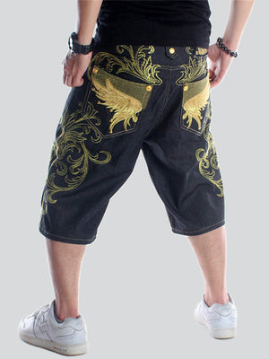 Gold Floral Pattern Wings Embroidered Men's Cropped Jeans