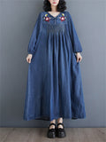 Female Ethnic Style Floral Embroidered V-Neck Retro Denim Dresses