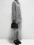 Fashion Transparent Mesh Patchwork Grey Knitted Dress for Lady