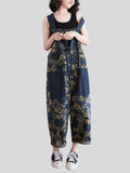 Yellow Flower Print Adjustable Strap Women's Denim Overalls