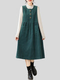 Women's Retro Daisy Embroidery Mid-Length Corduroy Dress