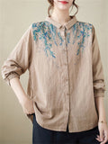 Female Relaxed Lapel Long-sleeved Leaves Printed T-shirts