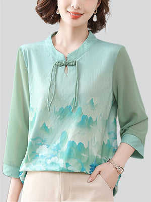 Women's Ancient Style Print Elegant Stand Collar 3/4 Sleeve Shirts