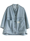 Women's Light Blue Patch Pocket 3/4 Sleeve Trendy Denim Jacket