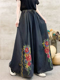 Female Ethnic Style Peony Embroidered Denim Wide Leg Pants