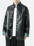 Men's Trendy Black Artificial Leather Knot Button Jacket