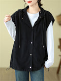 Women's Hooded Drawstring Button Up Sports Vest