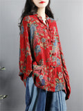 Women's Chinese Northeast Big Flower Print Knot Button Red Shirt