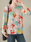 Contrast Color Flower Print Long Sleeve Knitted Shirt