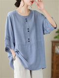 Women's Decorative Button Round Neck Relaxed Pullover Shirt