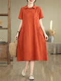 Elegant Lapel Short Sleeve Jacquard Dress for Women