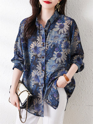 Women's Spring Retro Daisy Print Button Up Shirt