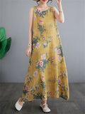 Chinese Rose Print Retro Yellow Tank Dress for Women