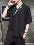 Men's Retro Linen V Neck Hanzi Embroideried Summer Shirt