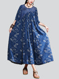 Vintage Print Round Neck Half Sleeve Pleated Swing Dress for Women