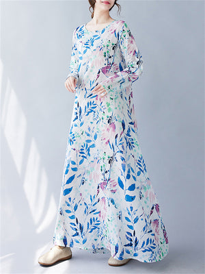 Summer Relaxed All-Over Blue Leaf Print Female Holiday Dress