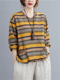 Women's Spring Multicolored Stripes V Neck Shirt