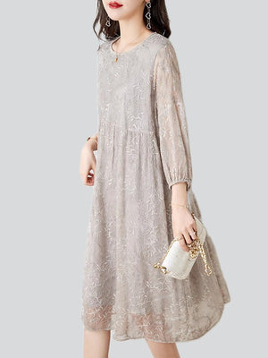 Beautiful Lace Floral Embroidery Silky Midi Dress for Lady