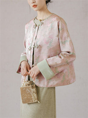 Elegant Round Neck Knot Button Pink Green Female Jacket