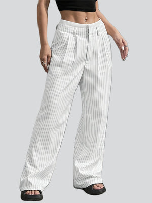 Casual High-Rise Spliced Striped Pants for Women