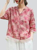 Female Cozy Cotton Linen V-neck Half Sleeve Floral Shirt