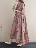 Women's Peach Blossom Print Round Neck Half Sleeve Cotton Dress