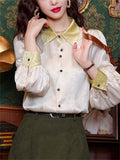 Ladies Silky Lapel Lantern Sleeve Patchwork Shirts