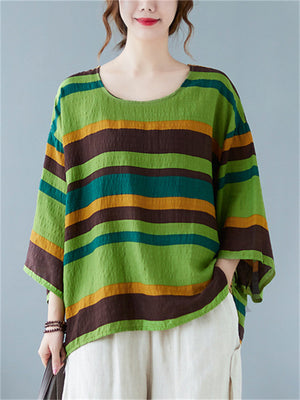 Contrast Color Striped Cotton Linen Scoop Neck T-shirt for Women