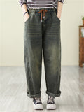 Women's Vintage Autumn Patchwork Casual Blue Denim Pants