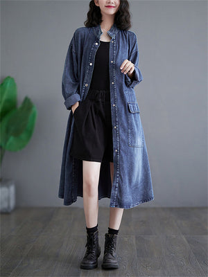 Ladies Stand-up Collar Mid-length Denim Jackets