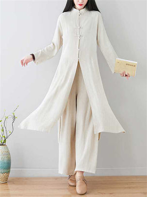 Female Mid-Length Slit Shirt Loose Pants Chinese Meditation Suit