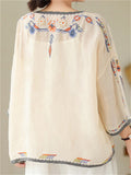 Ladies Ethnic Style Floral Embroidery Round Neck Shirts