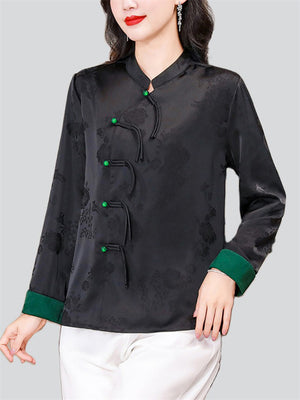Chinese Style Female Colorblocked Sleeve Cuff Shirts