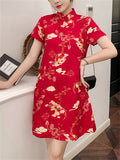 Chinese Red Flying Deer Print Knee Length Qipao