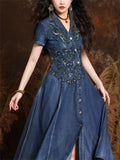 Ladies Elegant V Neck Hand-Embroidered Button Pleated Dress