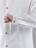 Men's Casual Embroidery Stand Collar Linen Long Sleeve Shirt