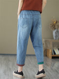 Women's Casual Floral Embroidery Blue Washed Denim Pants