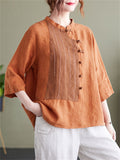 Summer Female Country Style Contrast Color Patchwork Cotton Linen Shirt