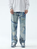 Men's Vintage Personality Contrast Color Patch Durable Jeans