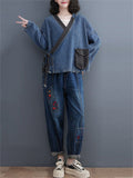 Retro Spliced Slanted V-neck Lace-up Lady Denim Jacket